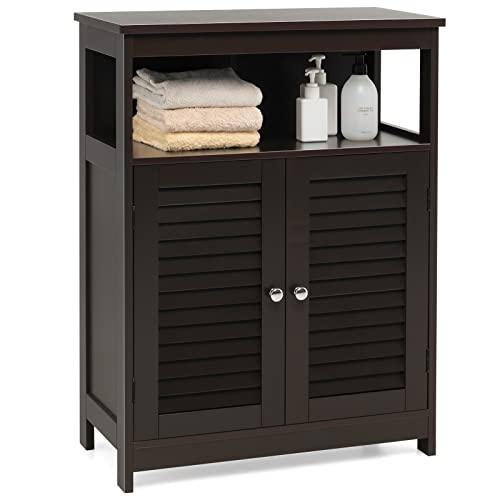 Tangkula Bathroom Floor Cabinet, Wooden Freestanding Storage Cabinet with Double Shutter Door & Adjustable Shelf, Storage Cabinet for Bathroom Living Room (Brown) - color: Brown