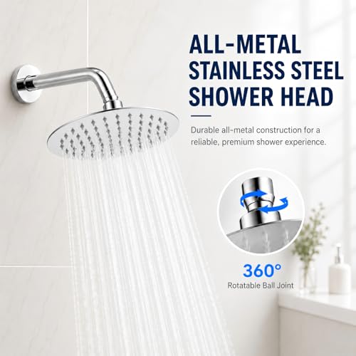 6 Inch Round Rain Shower Head Metal Stainless Steel High Flow Rainfall Shower Head with Self-Cleaning Silicone Nozzles Universal 1/2" Wall Mount for Bathroom - size: 6 Inch Round