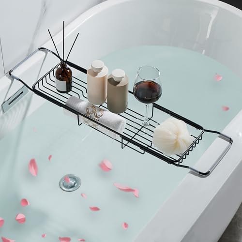 Stainless Steel Bathtub Caddy Tray, Expandable Bath Tub Tray Table, Adjustable Bathroom Tray, Bath Organizer Tub Shelf,Black,26.8~35.4in - color: Black