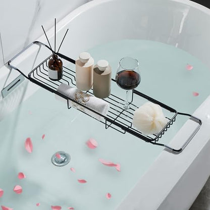Stainless Steel Bathtub Caddy Tray, Expandable Bath Tub Tray Table, Adjustable Bathroom Tray, Bath Organizer Tub Shelf,Black,26.8~35.4in - color: Black