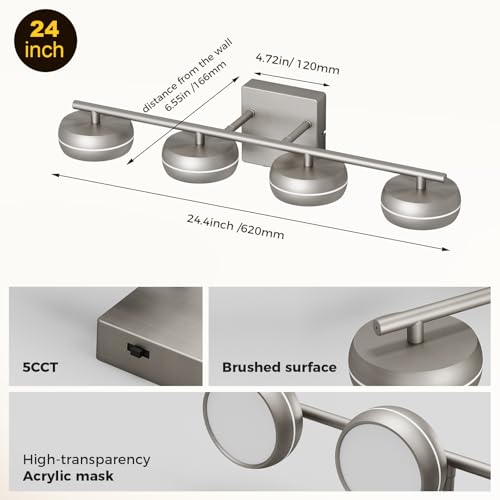 Vanity Light Fixture, 24.4 Inch 4-Light Bathroom Vanity Lighting with Brushed Nickel Finish, 5CCT Adjustable Wall Light, Dimmable Hardwired Vanity Fixture for Mirror Bathroom Guest Bath - size: 24.4 Inch Long