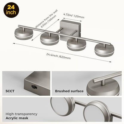 Vanity Light Fixture, 24.4 Inch 4-Light Bathroom Vanity Lighting with Brushed Nickel Finish, 5CCT Adjustable Wall Light, Dimmable Hardwired Vanity Fixture for Mirror Bathroom Guest Bath - size: 24.4 Inch Long