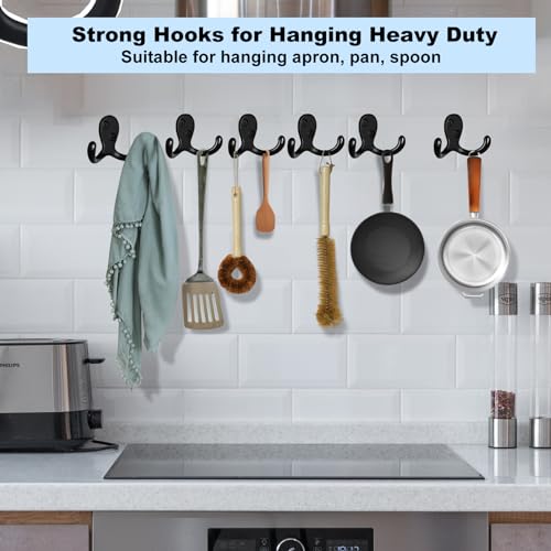 Kruodop 8 Pack Wall Hooks Wall Mounted Coat Hooks for Hanging Heavy Duty, Black Towel Hooks, Metal Double Coat Hanger with Screws Cup Retro for Coats, Handbags, Towels, Hat - color: black8pcs