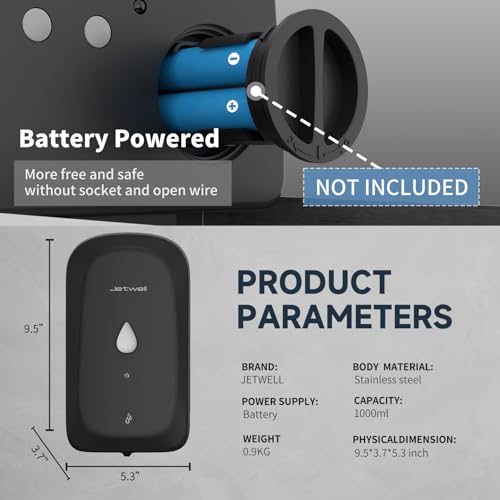 JETWELL Touchless Wall Mount Stainless Steel Soap Dispenser 34OZ/1000ML | Black Matte Cover, Large Capacity, Battery Powered, Liquid Soap, Commercial & Home Use - color: Black Matte Stainless Steel