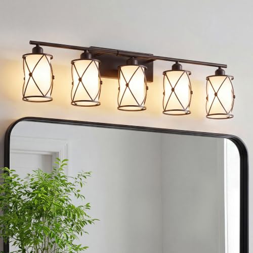 5-Light Oil Rubbed Bronze Bathroom Light Fixtures Over Mirror, 38" UL-Listed Modern Farmhouse Wall Sconce Lights with Milk White Frosted Glass and Metal Cage for Bath, E26, CH9176ORBW-5W - color: Bronze + Milk Glass, size: 5-Light, 38.5" L