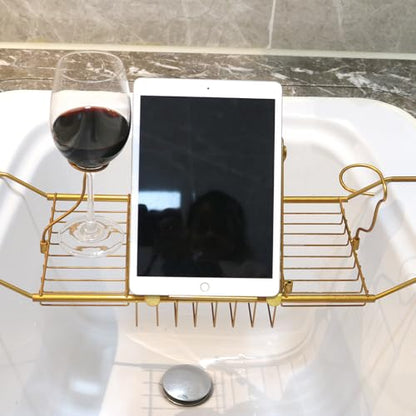 Expandable Bathtub Caddy Tray with Wine Holder & Reading Rack, Bronze | Adjustable 20"-38" fits most tubs,Includes Soap Dish Wine Holder and Laptop Reading Rack,Bathtub Tray for Home - color: Bronze