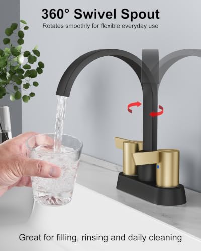 Black and Gold Bathroom Faucet,4 Inch Centerset 2-Handle Waterfall | Includes Pop-Up Drain,24-Inch Supply Lines,Mounting Hardware,SUS304 Stainless Steel Construction,And A 360° Swivel Spout - color: Black and Gold