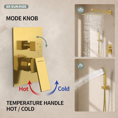 SR SUN RISE 12 Inches Bathroom Luxury Rain Mixer Shower Combo Set Wall Mounted Rainfall Shower Head System Brushed Nickel Finish Shower Faucet Rough-In (12 Inch, Brushed Gold) - color: Brushed Gold, size: 12 Inch