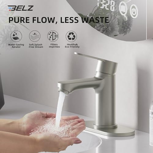 BELZ Nickel Bathroom Faucet, Lead-Free for 1 or 3 Hole 4" Vanity Sink | NSF372 Compliant,Anti-peeling PVD Finish,Includes Pop-up Drain & Hoses,Single Handle Modern Design, Easy DIY Install - color: Brushed Nickel