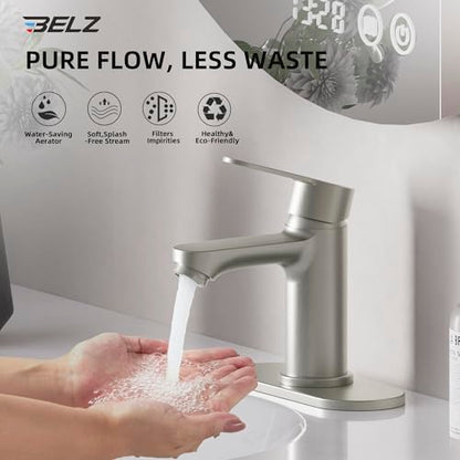 BELZ Nickel Bathroom Faucet, Lead-Free for 1 or 3 Hole 4" Vanity Sink | NSF372 Compliant,Anti-peeling PVD Finish,Includes Pop-up Drain & Hoses,Single Handle Modern Design, Easy DIY Install - color: Brushed Nickel