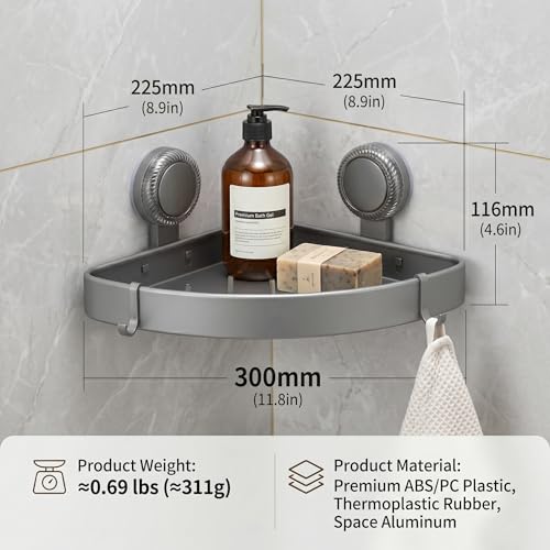 2 Pack Corner Shower Caddy, No Drill Aluminum Suction Cup Shelves | Rustproof triangle shelves use suction cups for no-drill, damage-free storage of shampoo and shower essentials