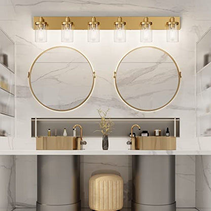 Aipsun Gold Bathroom Vanity Light Farmhouse Vanity Lighting Fixtures 6 Light 48in Bathroom Light Fixtures with Clear Glass Shade(Exclude Bulb) - color: Gold, size: 6-Light