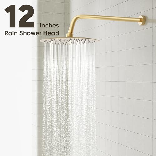 Gabrylly Shower System with Tub Spout, Bathtub Shower Faucet Set with 12" Rain Shower head and 5-Setting Handheld Shower, Wall Mounted Shower Fixtures with Pressure Balance Shower Valve, Brushed Gold - color: Brushed Gold, style: 12 Inches-With Tub Spout