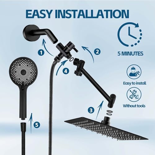 Shower Head,10 Inch High Pressure Rain Shower Head with Handheld Spray Combo, Adjustable Dual Rainfall Shower Head - Showerhead Comb Set with Extension Arm - 60 Inch Long Shower Hose(Black) - color: Black, size: 10 Inch - Standard