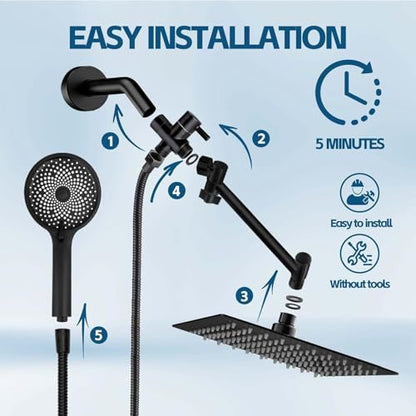 Shower Head,10 Inch High Pressure Rain Shower Head with Handheld Spray Combo, Adjustable Dual Rainfall Shower Head - Showerhead Comb Set with Extension Arm - 60 Inch Long Shower Hose(Black) - color: Black, size: 10 Inch - Standard