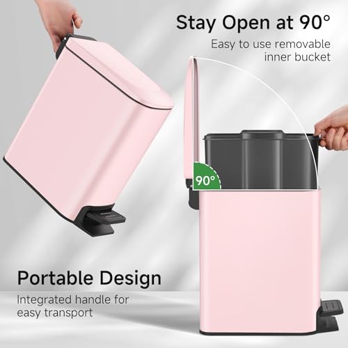 TIPGO Slim Bathroom Trash Can with Lid Soft Close, 6 Liter / 1.6 Gallon Stainless Steel Garbage with Removable Inner Bucket, Small Trash Bins for Bedroom, Office (Pink) - color: Pink