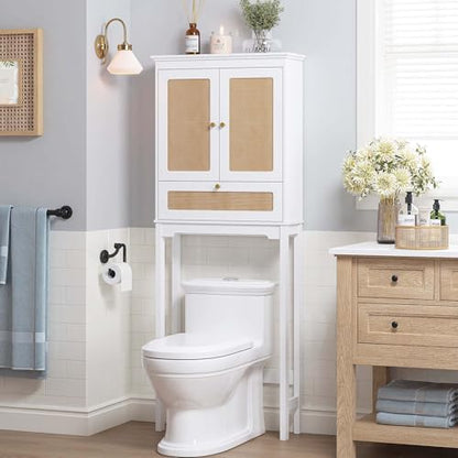 Spirich Over the Toilet Storage Cabinet with Hand-Woven Rattan Doors, White | Tilt-Out Storage Cube, Adjustable Shelf, 33-Inch Toilet Clearance, Anti-Tip Bracket, Bathroom Organizer for Toiletries - style: Rectangular