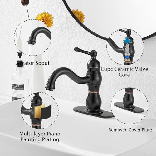 Oil Rubbed Bronze Bathroom Faucet Single Handle One Hole Bathroom Vanity Faucet Basin Mixer Tap Matching Pop Up Drain with Overflow - color: Bronze, size: Short