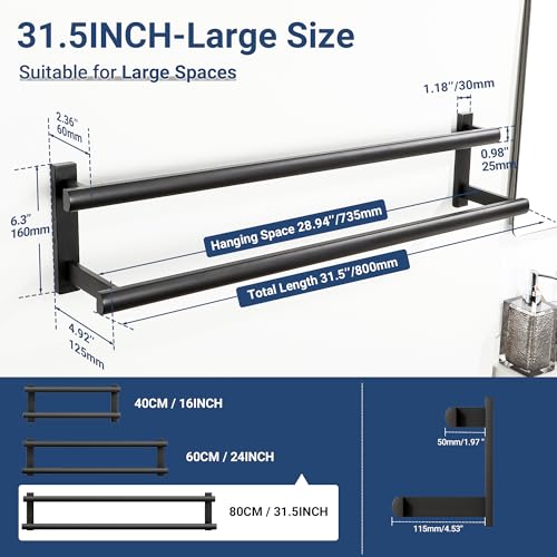 SAYAYO Double Towel Bar for Bathroom, 31.5 Inch Matte Black Bath Towel Rack Towel Holder Wall Mounted, SUS304 Stainless Steel - color: Matte Black, size: 31.5 Inch