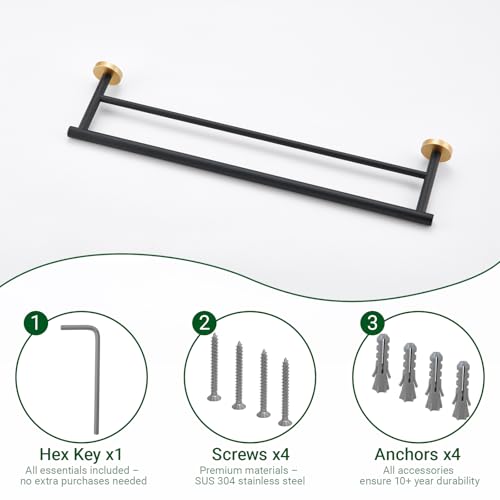 Miyili Double Bath Towel Bar 24-Inch Hand Towel Rack for Bathroom SUS 304 Stainless Steel Wall Mount Black & Gold, A01BG60B - color: Black & Gold, size: 24-Inch