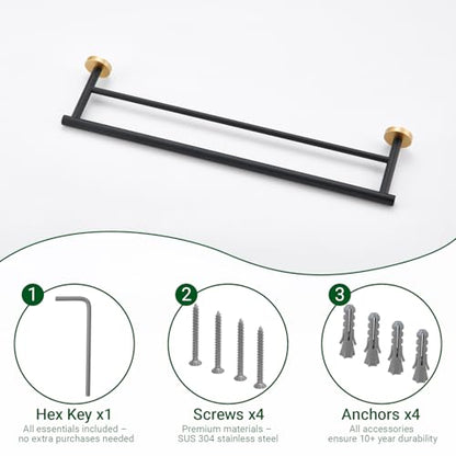 Miyili Double Bath Towel Bar 24-Inch Hand Towel Rack for Bathroom SUS 304 Stainless Steel Wall Mount Black & Gold, A01BG60B - color: Black & Gold, size: 24-Inch