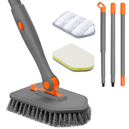 nacena Shower Scrubber with Long Handle, 3 in 1 Tile Tub Scrubber Brush with 3 Detachable Cleaning Heads Adjustable Handle Shower Cleaner Brush for Bathroom, Kitchen, Toilet, Wall, Sink, Grey Orange - color: Grey Orange, size: 2 pads