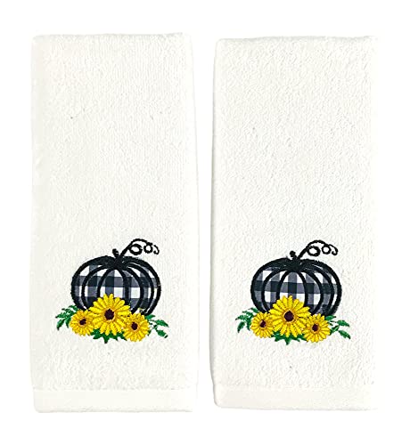 Fall Bathroom Fingertip Towels – Set of 2 Cotton with Embroidered Black & White Check Pumpkin and Sunflower Design – 25” x 16” Seasonal Autumn Bathroom & Kitchen Décor - color: Farmhouse Pumpkin