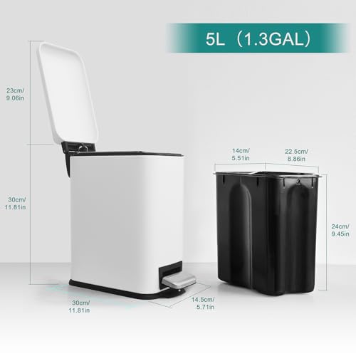 Bathroom Trash Can, Small Trash Can with Lid, White Garbage Gan | 1.3 Gal Trash Can, Stainless Steel, Small Garbage Can with Soft-Close Lid, Removable Inner Bucket, Slim Trashcan for Bathroom - color: White