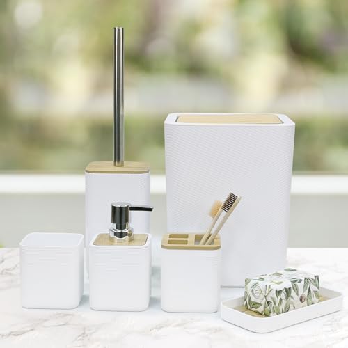 CERBIOR Bamboo Bathroom Accessories Set 6 Piece Bath Ensemble(White) | Includes Soap Dispenser, Toothbrush Holder, Toothbrush Cup, Soap Dish for Decorative Countertop and Housewarming Gift - size: Complete Set, style: White