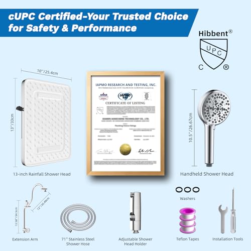 Hibbent cUPC Certified 13'' Shower Head Combo, High Pressure 5 Spray White Rainfall Showerhead, 10 Spray Handheld, All Metal Easy Reach 4-way Diverter Arm with Pause Mode, 71'' Hose and Holder, Chrome - color: White, style: Square 13"