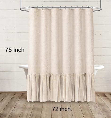 Farmhouse Shower Curtain Ruffle Linen Beige 72" W x 75" L | Linen Fabric, Farmhouse Boho, Bottom Ruffle, Rustic, Country, Natural Look, Washable, Shower Curtain for Bathroom Bathtub - color: Beige, size: 72"W x 75"L