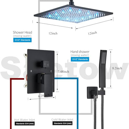 12 Inches Ceiling Mount Shower Faucets Sets Complete Shower System LED Rainfall Shower Head System Rough-in Valve Body and Trim Included Matte Black… - color: Matte Black, style: 12"-led