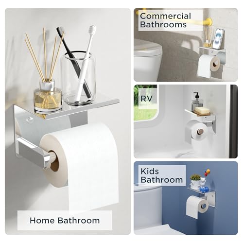 FORIOUS Toilet Paper Holder with Shelf, Adhesive or Screw, Chrome | Wall Mount Toilet Paper Roll Holder for Bathroom, Stainless Steel Commercial Toilet Tissue Roll Dispenser with Phone Shelf - color: Chrome
