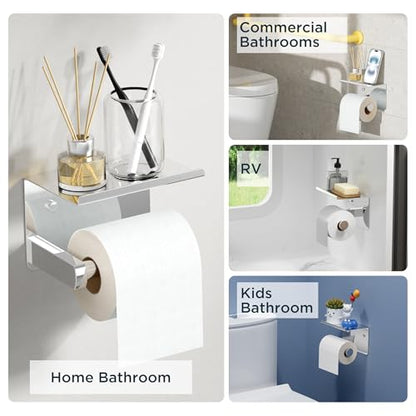 FORIOUS Toilet Paper Holder with Shelf, Adhesive or Screw, Chrome | Wall Mount Toilet Paper Roll Holder for Bathroom, Stainless Steel Commercial Toilet Tissue Roll Dispenser with Phone Shelf - color: Chrome