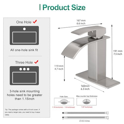 VOTON Waterfall Bathroom Faucet, Brushed Nickel 1-Hole with Deck & Drain | | SUS304 Stainless Steel | Rust-Resistant | Waterfall Flow - color: Brushed Nickel, size: Short