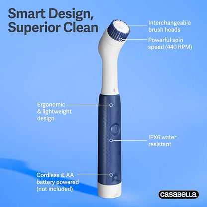 Casabella Handheld Spin Detail Scrubber, AA Battery Powered, 3 Brush Heads, White - style: Detail