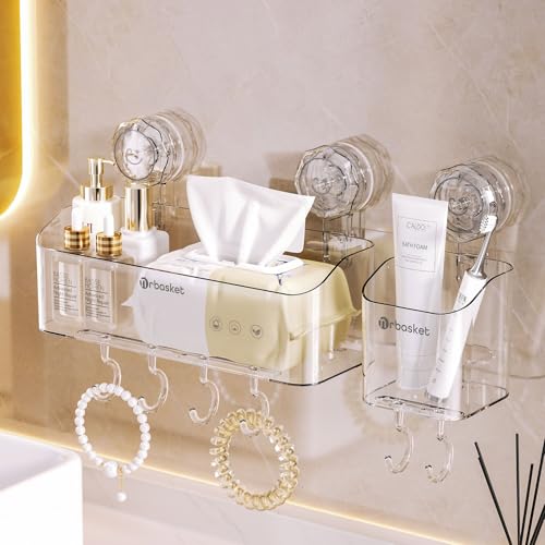 2-Pack Suction Cup Shower Caddy Set, Wall Mounted Suction Rack, Bathroom Shower Shelf Basket Set with Shower Organizer and Toothbrush Holder (No Drilling Required) - style: basket set, 2pieces
