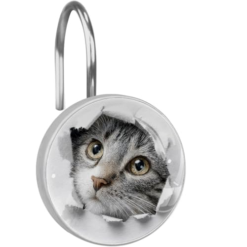 Crystal Glass Shower Curtain Hooks Set of 12, Rustproof Shower Curtain Rings for Bathroom, Funny Cat in The Wall Decorative Shower Curtain Hangers for Shower Curtain Rod, Bedroom - color: Funny Cat in the Wall