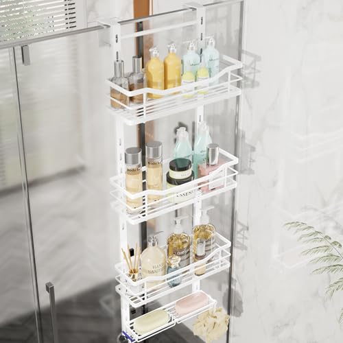 SWTYMIKI Over the Door Shower Caddy - 4 Tier Adjustable Shower Organizer Hanging with Soap Holder, No Drilling Stainless Steel Bathroom Rack Hanging for Body Wash, Shampoo, Soap, Razor, White - color: White-4 Tier