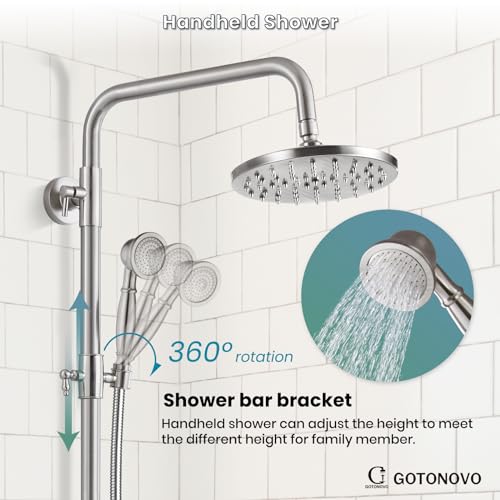 gotonovo Exposed Shower Tub Faucet Set 3 Function Wall Mount,Brushed Nickel | Shower System Fixtures with Tub Spout,8” Rain Head and Handheld,360°Rotation,Adjustable Height,for 5-6.7" Hole,Outdoor/Indoor - color: Nickel