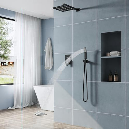 WELLFOR 12-In Wall Mounted Rain Shower Faucet with Single Handle and Handheld Spray, Waterfall Dual Head Shower Head System with 2-way Diverter, Pressure-balanced Valve Included, Matte Black - color: Matte Black, style: Wall Mount 12-Inch