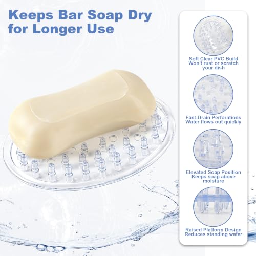 2 Pack Clear Soap Dish Self Draining Plastic Holder for Bathroom Kitchen | soapdish pad