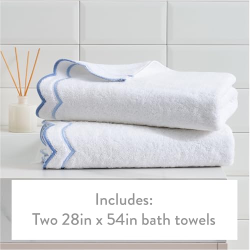 Peri Home 2 Piece Cotton Bath Towel Set, Embroidered, White, Blue Scallop - color: White With Blue Scallop, size: 2 Bath Towel