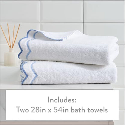 Peri Home 2 Piece Cotton Bath Towel Set, Embroidered, White, Blue Scallop - color: White With Blue Scallop, size: 2 Bath Towel