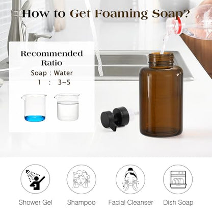 Luxspire Glass Foaming Soap Dispenser 15oz Hand Soap Bottle, Amber, 2 Pack | Anti-drip pump, wide mouth easy refill, non-slip silicone base, 7 waterproof labels, bathroom and kitchen sink use - color: Amber