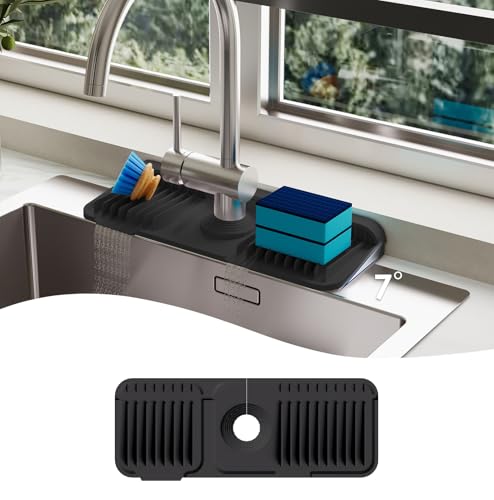 14.6 Inch Silicone Faucet Mat for Kitchen Sink Splash Guard, 7° Slope | 14.6"x5.5" water draining mat with fasten button; 1.6-2.75" customizable hole for bathroom, RV & kitchen sink drip catcher.