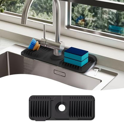 14.6 Inch Silicone Faucet Mat for Kitchen Sink Splash Guard, 7° Slope | 14.6"x5.5" water draining mat with fasten button; 1.6-2.75" customizable hole for bathroom, RV & kitchen sink drip catcher.