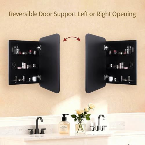 Black Medicine Cabinet, 18x26.5 Inch Wood Framed Mirror, Fully Assembled Recessed or Wall Mount Wood Cabinet with 2 Storage Shelves, Fully Assembled - color: Black
