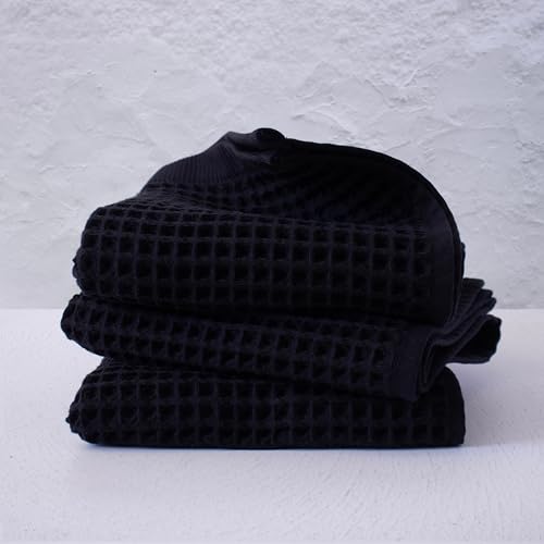 PÜSKÜL - Set of 3 Organic Waffle Hand Towel Black - Premium Quality, 100% Turkish Cotton, Soft, Quick-Dry, Absorbent, Lint-Free Face Kitchen Hand Towels (Black, Hand Towels - Pack of 3) - color: Black, size: Hand Towels - Pack of 3