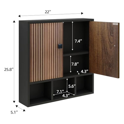 Bathroom Wall Cabinet,Wooden Medicine Cabinet with Fluted Doors Over The Toilet Storage Cabinet with Adjustable Shelf for Bathroom (Black) - color: Black-wood Block